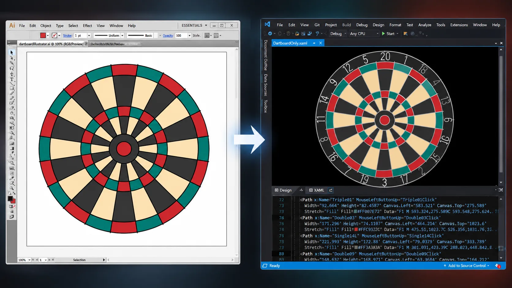 Early Foxhole Social dartboard design progressing from Illustrator artwork to a clickable XAML dartboard