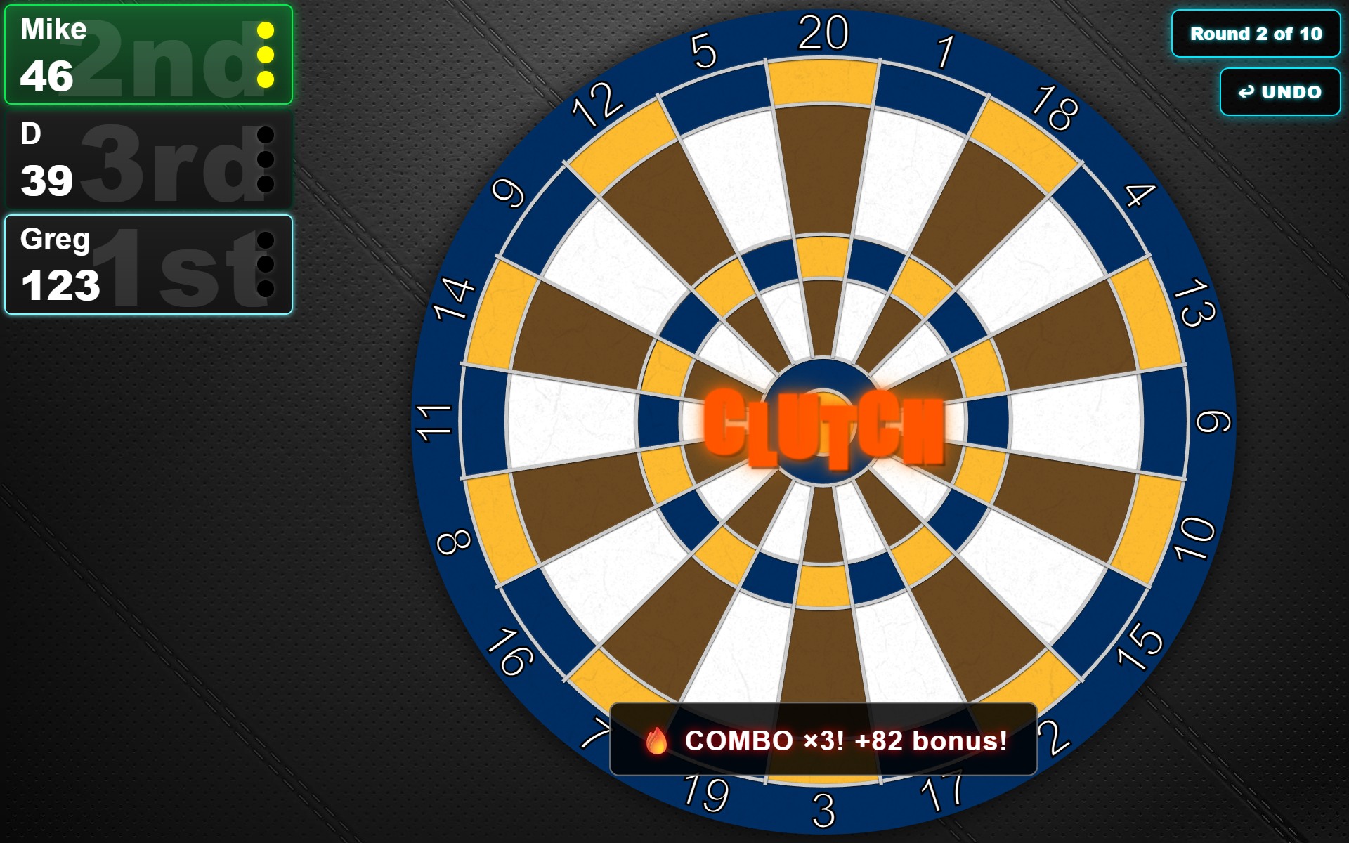 Foxhole Darts 501 scoreboard in progress, three players